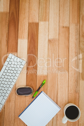 Business desk with computer and coffee