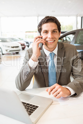 Smiling salesman having a phone call