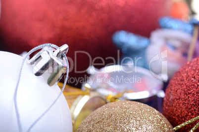 Group of close up red and white christmas balls, new year concept