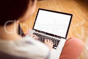 Asian woman using laptop with copy space