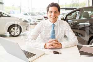 Smiling salesman behind his desk