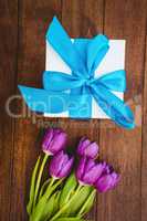 View of purple flowers and blue gifts