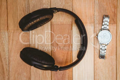 Close up view of headphones and watch