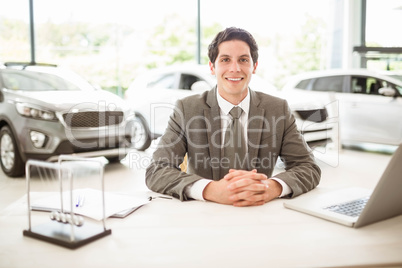 Smiling salesman behind his desk