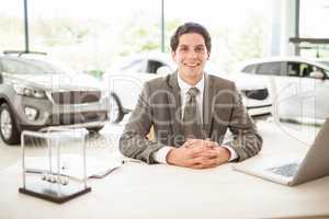 Smiling salesman behind his desk