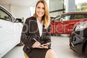 Smiling saleswoman writing on a clipboard