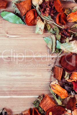 Overhead of autumn leaves on desk
