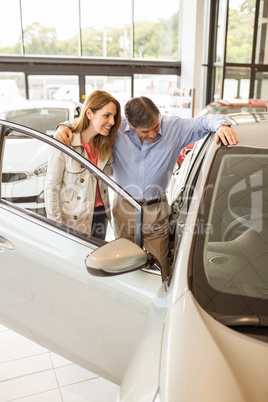 Smiling couple leaning on car