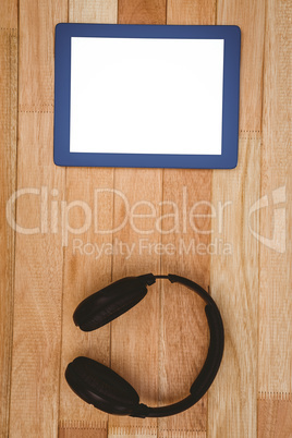 View of a tablet and a headphones