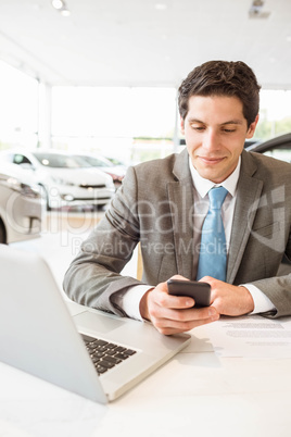 Smiling salesman having a phone call