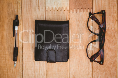 Close up view of glasses and wallet