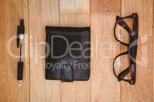 Close up view of glasses and wallet