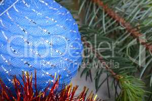 Christmas Baubles with tree branch, new year holiday concept