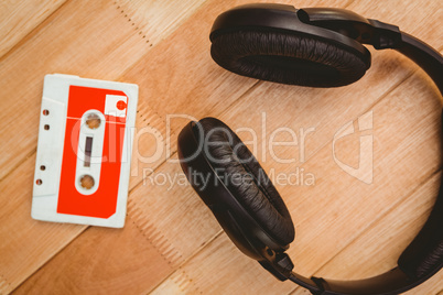 Close up view of old tape and headphone