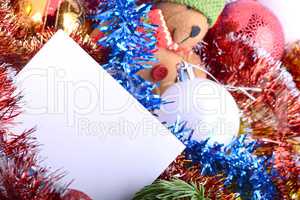 happy new year and merry christmas composition with gift box and decorations