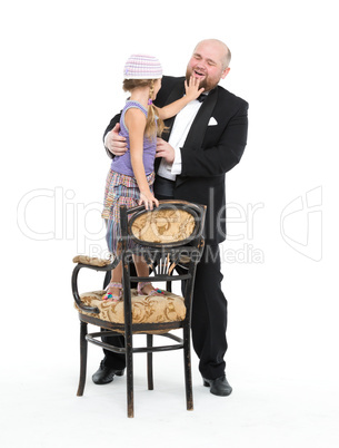 Little Girl and Servant in Tuxedo Have Fun