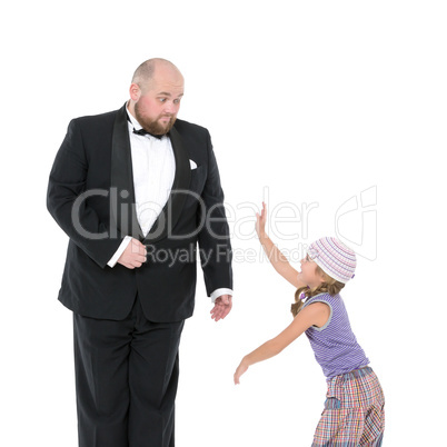 Little Girl and Servant in Tuxedo Have Fun