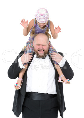 Little Girl Sitting on Shoulders Man Have Fun