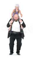 Little Girl Sitting on Shoulders Man Have Fun