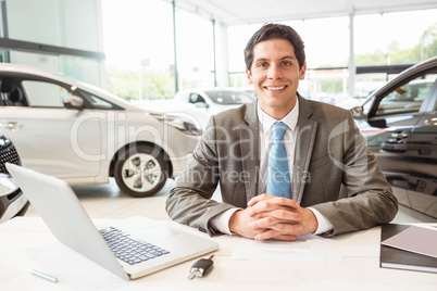 Smiling salesman behind his desk