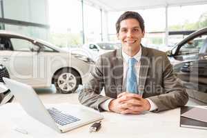 Smiling salesman behind his desk