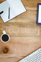 Business desk with computer and coffee