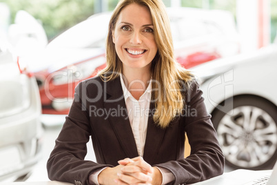 Smiling saleswoman working at her desk