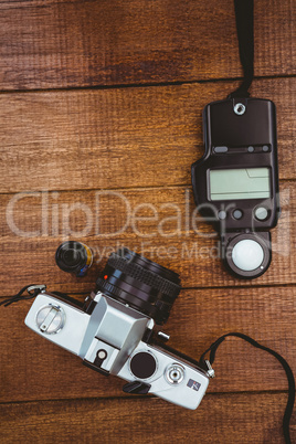 View of an old camera with photo flash