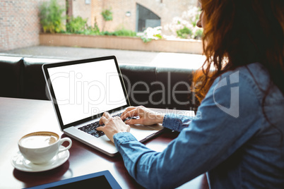 Mature student using laptop in cafe