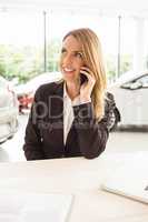 Smiling saleswoman having a phone call