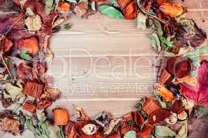 Autumnal leaf pattern on desk