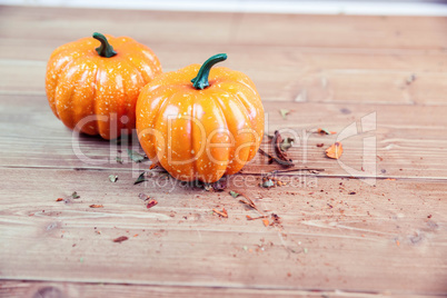 Pumpkin ornaments on desk