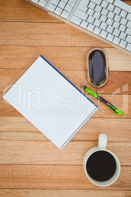 Business desk with computer and coffee