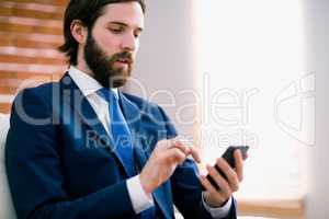 Businessman texting on the couch
