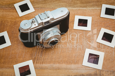 View of an old camera with photo slides