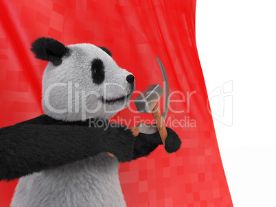 Terrestrial animal panda bear native central China  recognized by large distinctive black patches around eyes over ears across round body black-and-white coat. conservation reliant endangered species