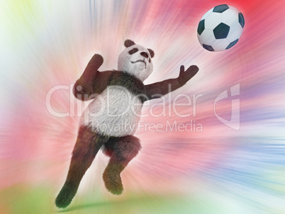 wild panda goalie in the rapid jump trying to catch a soccer ball on a colorful watercolor background blurred. upright character Bear goalkeeper catches pitch.