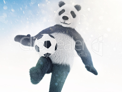 character is covered in fur on a blue background with bokeh effect and chasing the ball. Panda footballer conducts training on snow background
