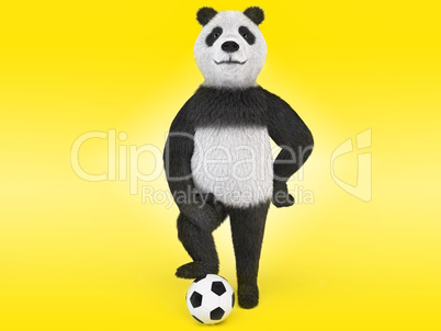 arrogant football player character proudly puffed out his chest, leaned a paw on his knee, the other leg rested against the stomach and stands with one foot on the ball.