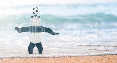 miniature circus bamboo panda teddy bear stands on beach Gulf of Siam to his ankles in water. and chasing ball on nose. soccer player juggling beautiful background blur on the beach