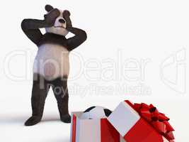 joyful cute protagonist character giant panda bamboo stands behind semi-open box with a gift inside of which is new soccer ball. surprise birthday man closes his eyes paws