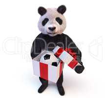 christmas illustration soccer ball at gift hox in paws of panda bamboo teddy fluffy bear character render