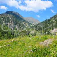 scenic mountains, meadows and blue sky