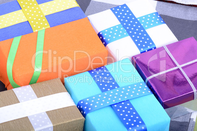 bright gifts with ribbons, holiday invitation card