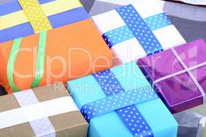 bright gifts with ribbons, holiday invitation card