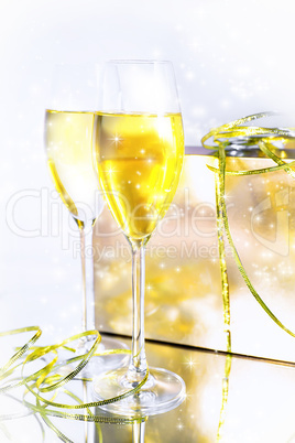 Two glasses of wine and a box on white background