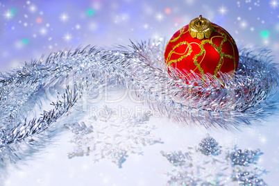 Christmas ball, tinsel and snowflakes.Christmas decorations.
