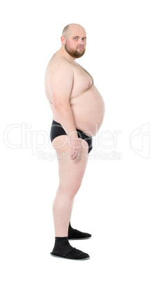 Naked Overweight Man with Big Belly Side View