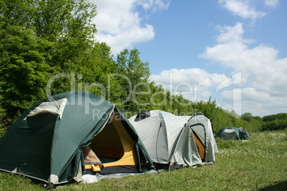 tourist tents in forest at campsite