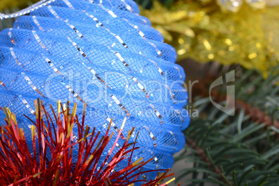 Christmas Baubles with tree branch, new year holiday concept